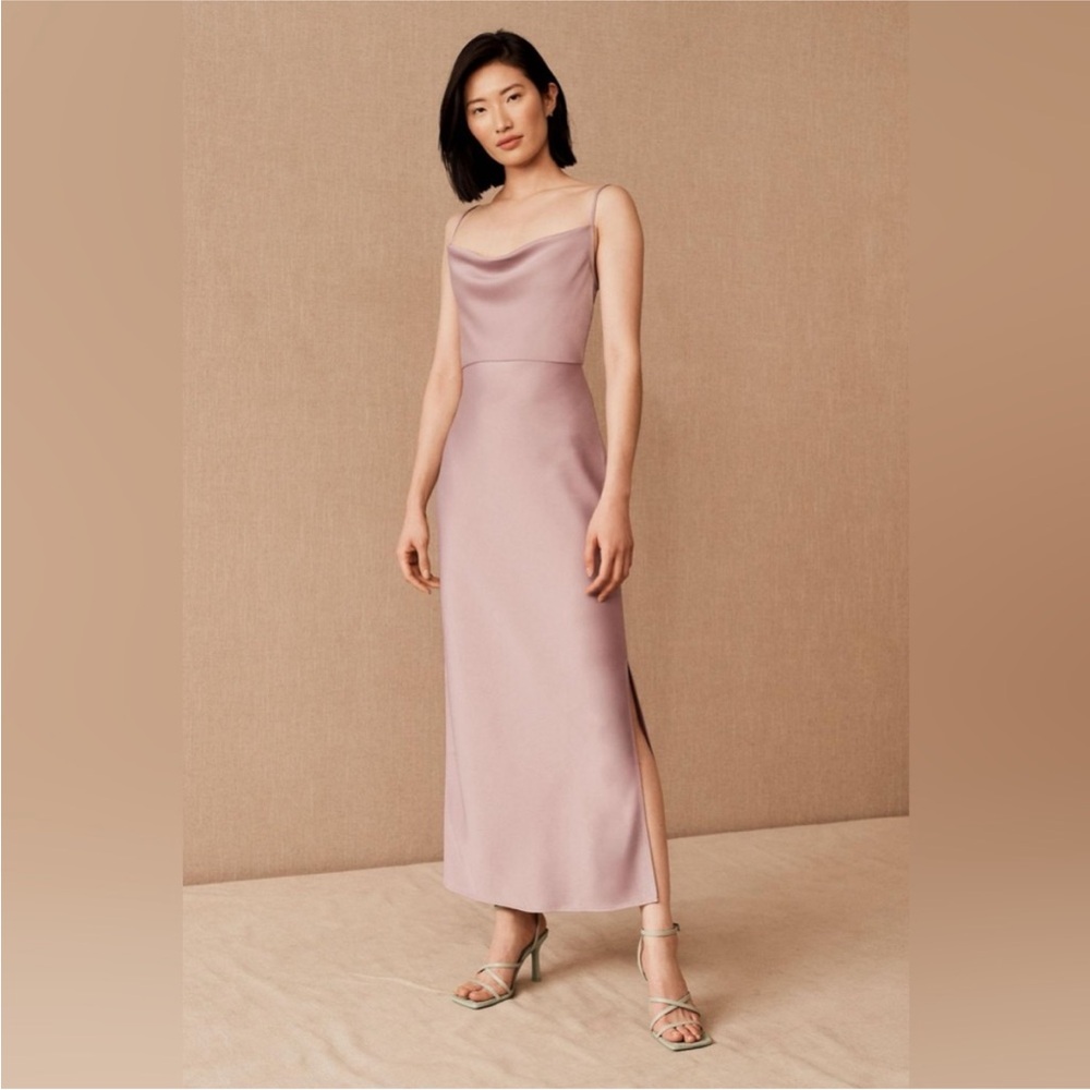 BHLDN Cali Satin Cowl-Neck Midi Slip Dress in Lilac Smoke